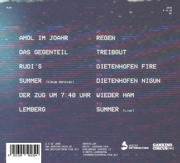 CD-Cover mit Songliste auf verschwommenem Hintergrund. Links und rechts Songtitel.
