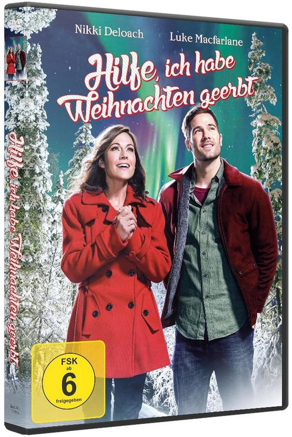 Ein Mann und eine Frau stehen vor verschneiten Bäumen, der Himmel ist grün.