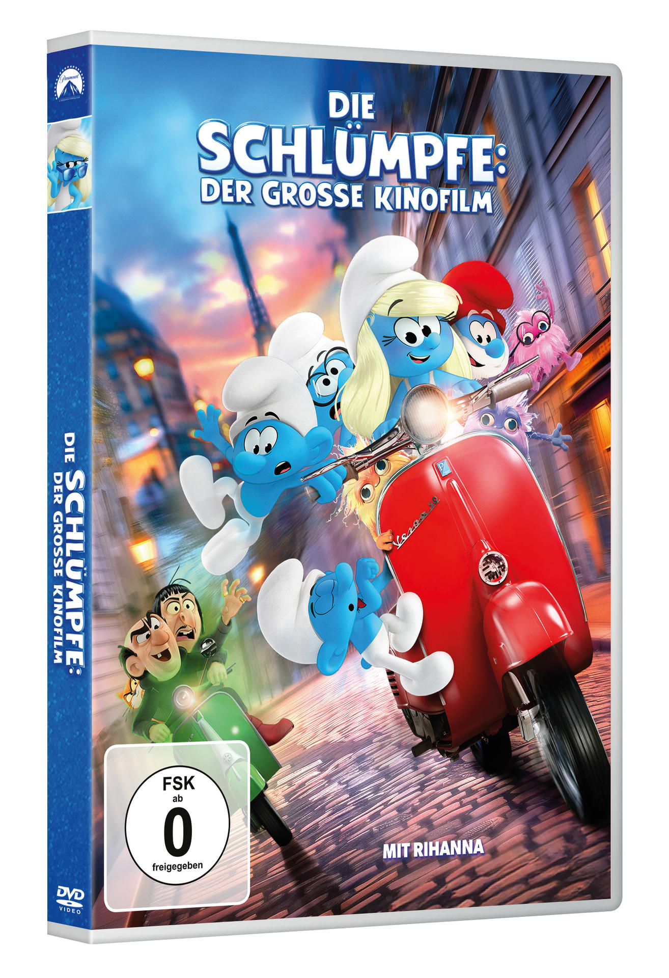 Schlümpfe fahren mit Vespa durch Stadt. DVD-Hülle mit FSK 0.