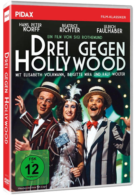 DVD-Cover eines deutschen Films. Drei Schauspieler in Vintage-Kleidung, ein Mann im gestreiften Anzug und zwei weitere mit Hüten. Text: Drei Gegen Hollywood.