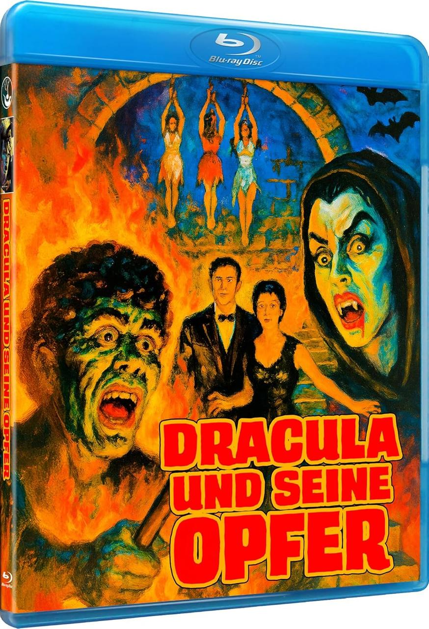 Dracula und seine Opfer Blu-ray Cover: Monster, Opfer und Fledermäuse.