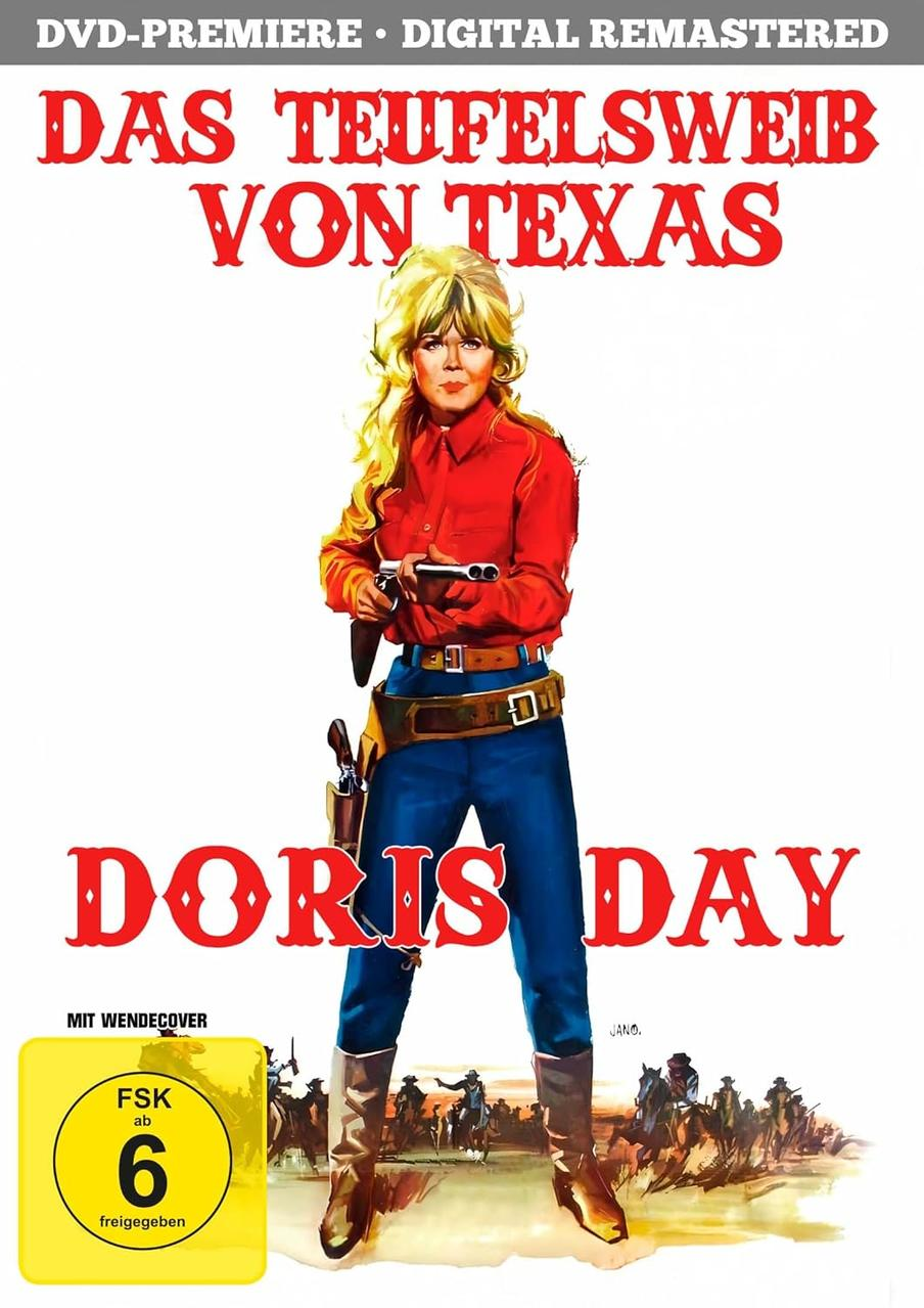 Doris Day als Westerheldin mit Gewehr, Jeans und Stiefeln vor einer Gruppe Reiter.