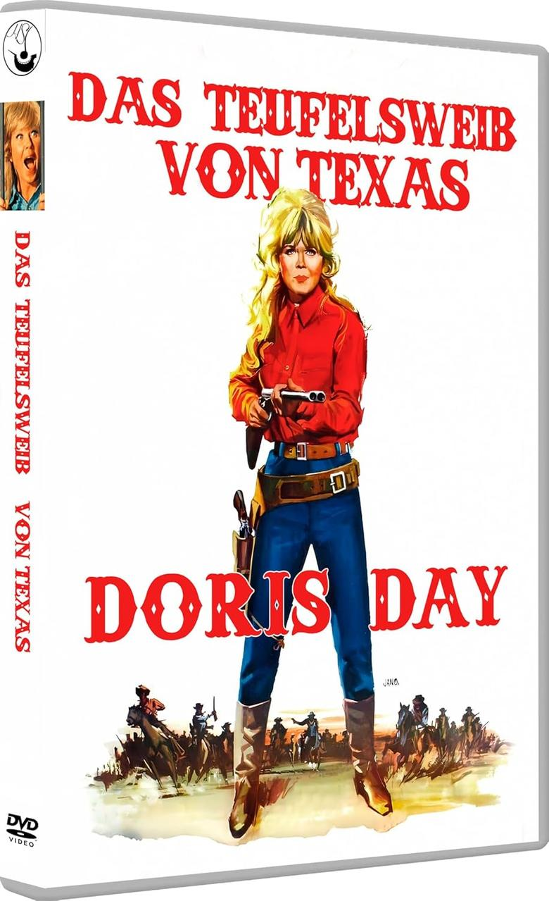 Doris Day hält eine Pistole, trägt einen roten Hemd, blaue Hose und Stiefel.