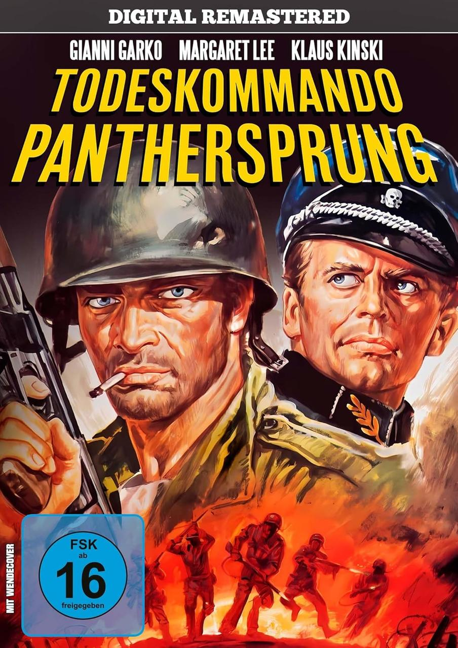 Zwei Männer, einer mit Helm und Zigarette, der andere in Uniform, vor brennender Szene.