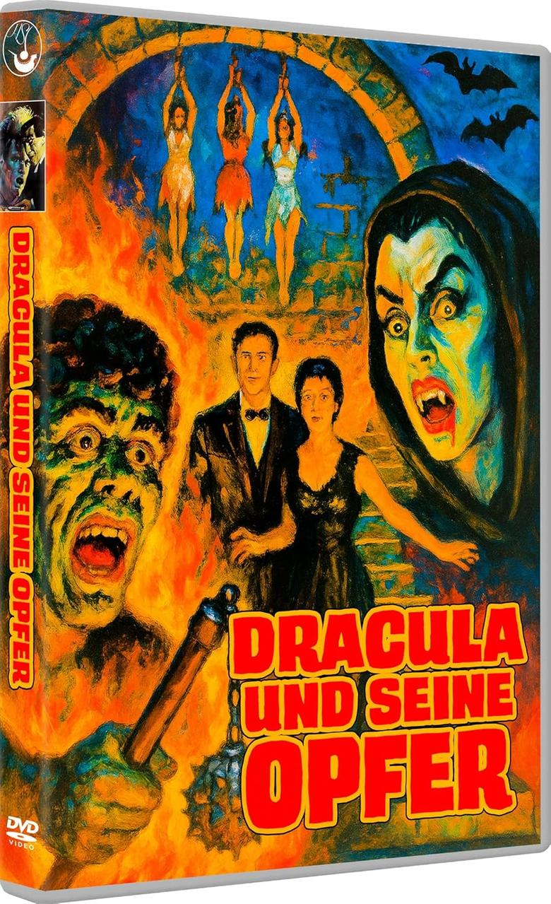 Gruselige DVD-Hülle: Dracula, Opfer und ein Mann mit Streitkolben im Feuer.