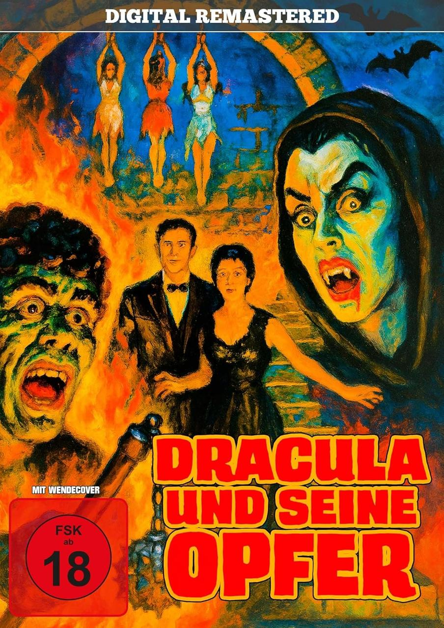 Horrorfilmplakat mit Dracula, Opfern und FSK-Siegel.