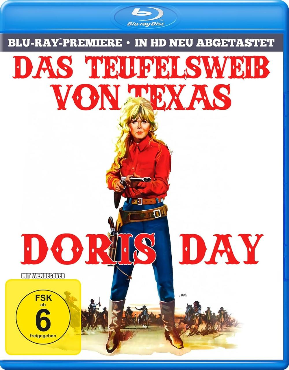 Doris Day als "Das Teufelsweib von Texas" mit Gewehr, Westernszene im Hintergrund.
