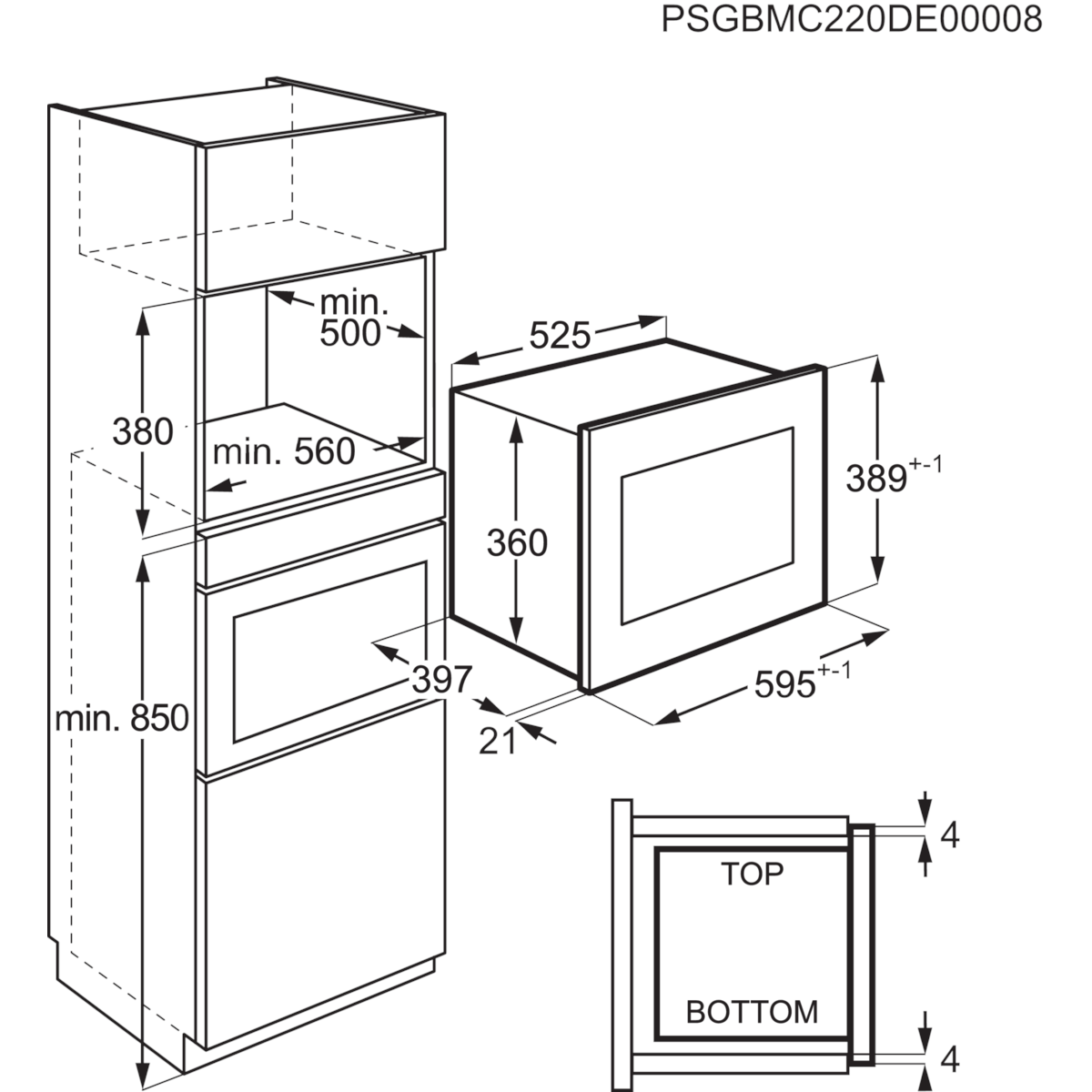Beépített konyhai készülékek diagramja, méretekkel milliméterben. Tartalmaz egy mikrohullámú sütőt és egy sütőt.