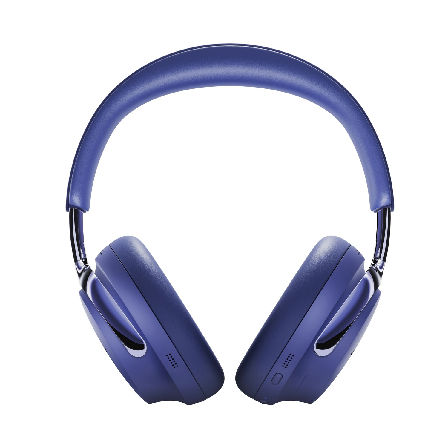 Een paar blauwe koptelefoons tegen een witte achtergrond. De koptelefoon staat gecentreerd en iets schuin. Het ontwerp is modern en strak.