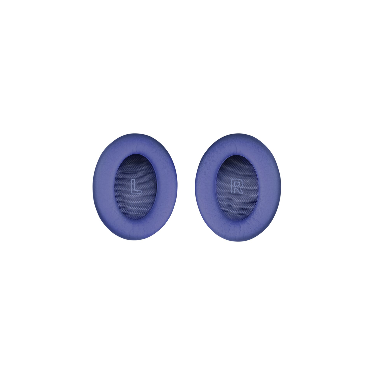 Twee blauwe oorschelpen van een koptelefoon. Eén heeft een 'L' en de andere een 'R'. Beide op een witte achtergrond.