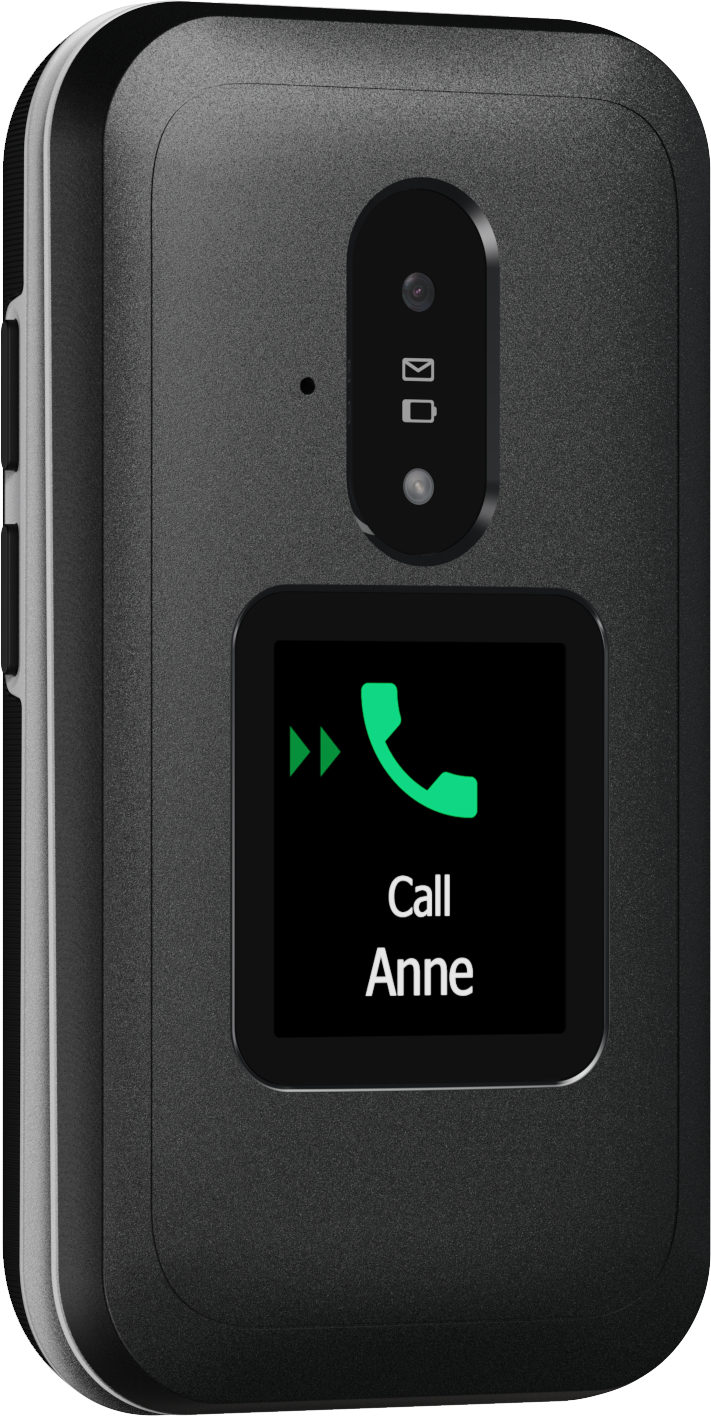 Ein geschlossenes schwarzes Klapphandy zeigt ein grünes Telefonsymbol und 'Call Anne'. Der Bildschirm ist schwarz mit weißem Text.