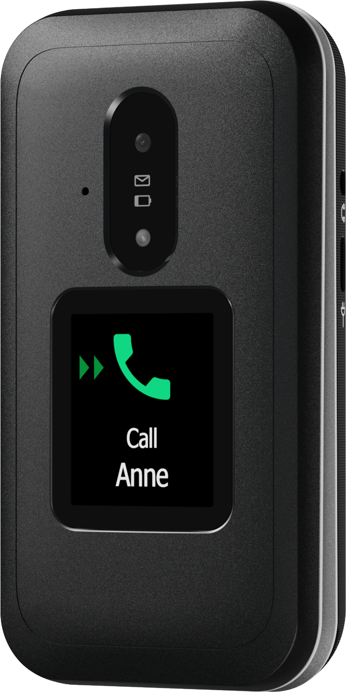 Schwarzes Klapphandy mit Anrufanzeige. Der Bildschirm zeigt ein grünes Telefonsymbol und 'Call Anne'.
