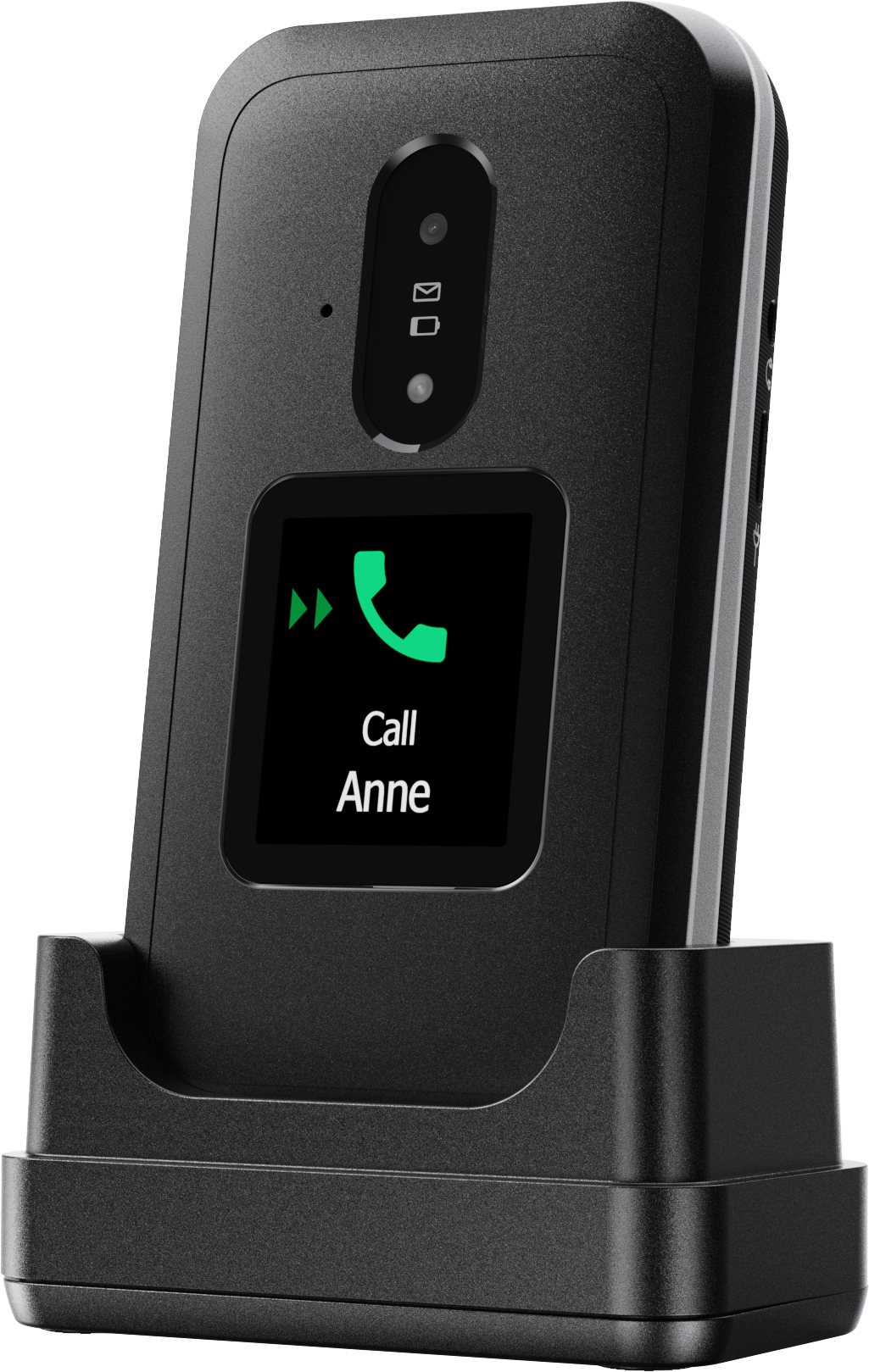 Schwarzes Telefon auf einer Ladestation. Der Bildschirm zeigt ein grünes Anrufsymbol und 'Call Anne'. Die Basis ist schwarz.
