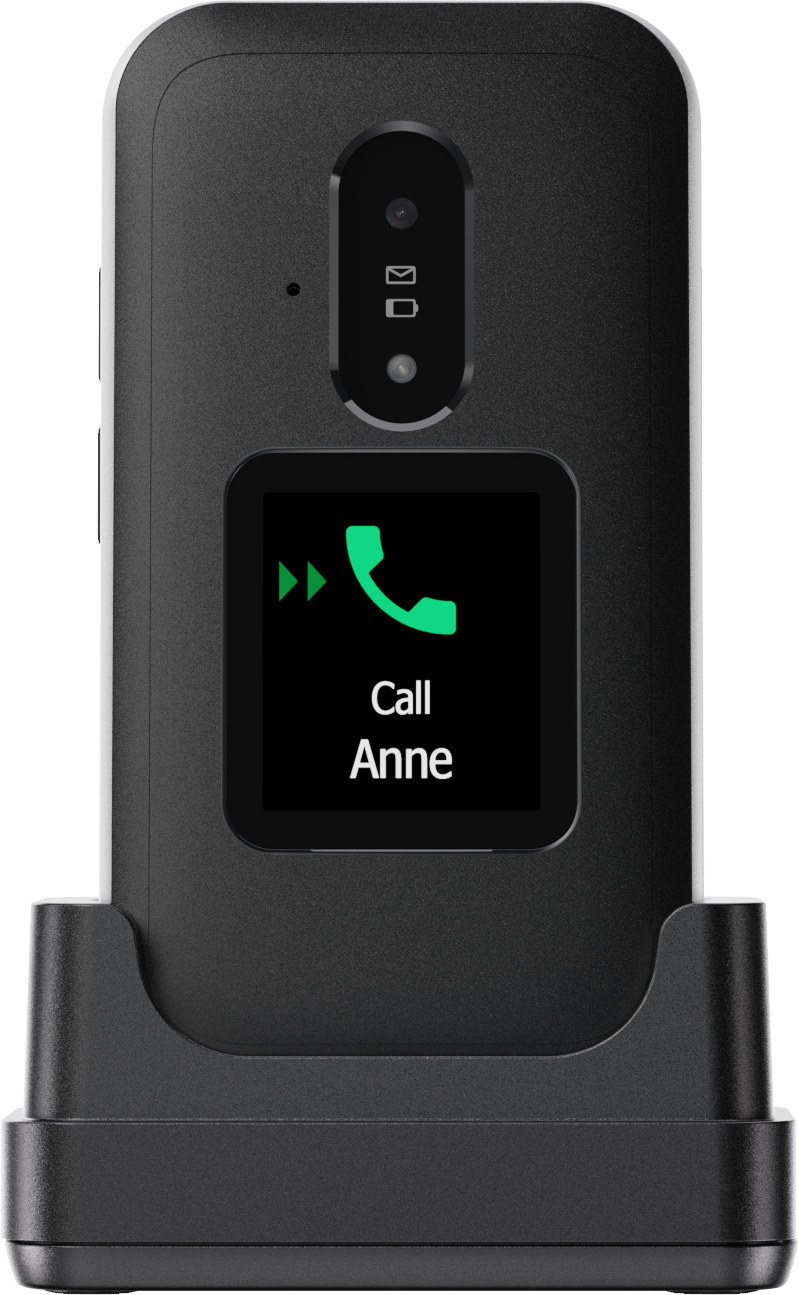 Schwarzes Festnetztelefon auf Ladestation. Der Bildschirm zeigt ein grünes Telefonsymbol und 'Call Anne'.