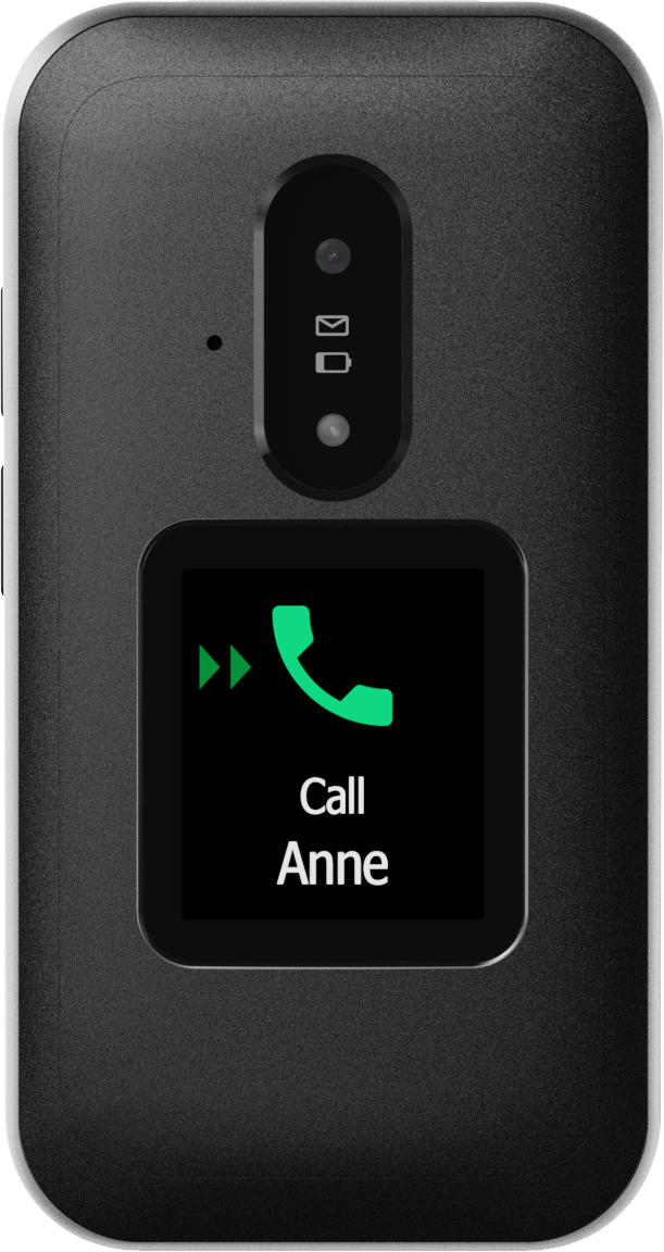 Ein schwarzes Klapphandy mit einem Bildschirm, auf dem ein Anruf an Anne angezeigt wird. Das Telefon hat ein grünes Telefonsymbol und ein Wiedergabesymbol.