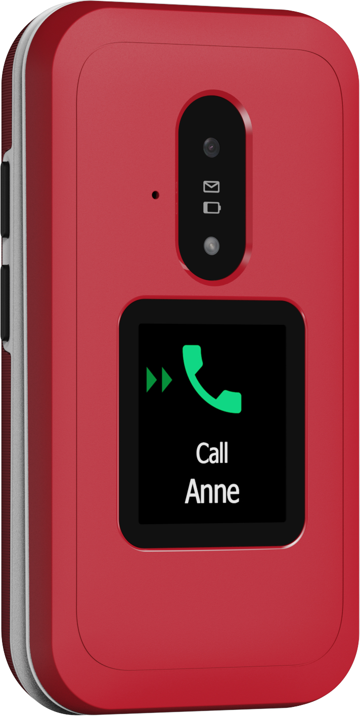 Ein rotes Klapphandy zeigt einen Anrufbildschirm an Anne. Zu den Funktionen gehören eine Kamera, Nachrichten- und Akkusymbole.