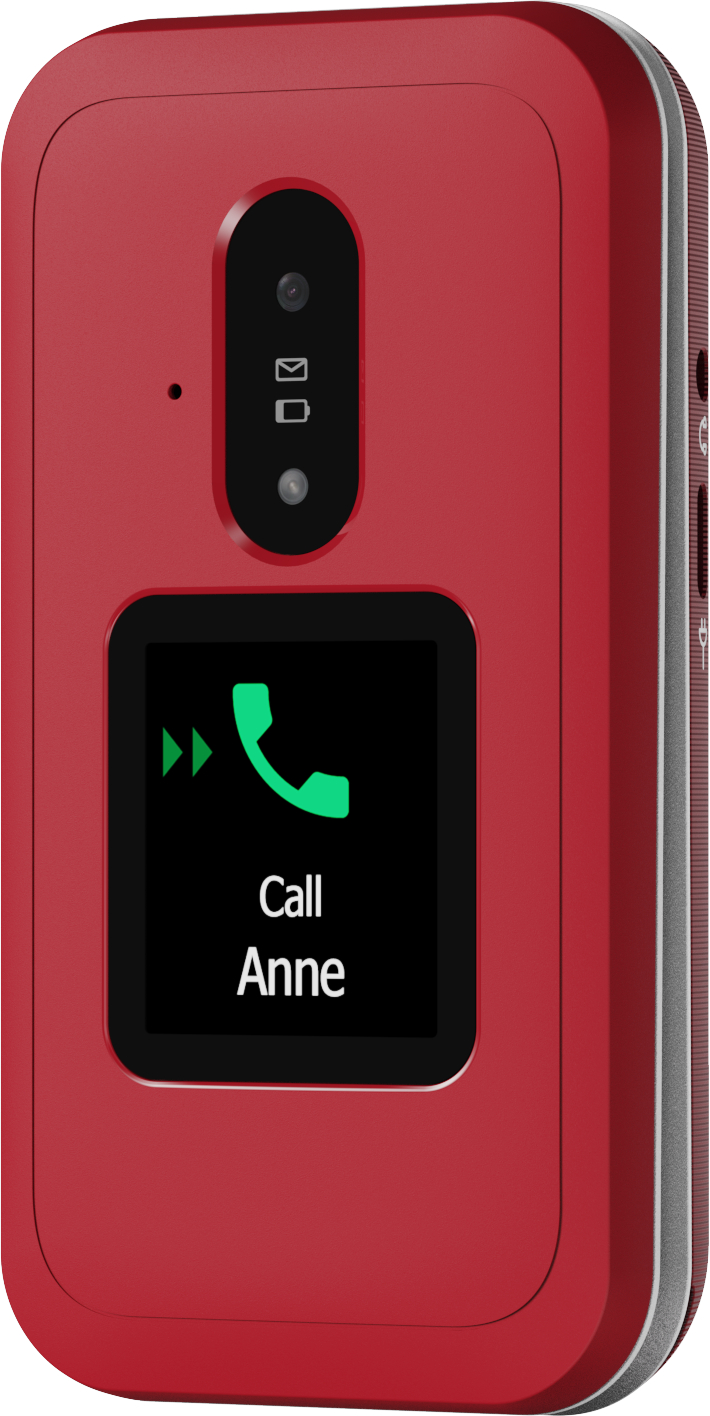 Ein rotes Klapphandy zeigt einen Bildschirm, auf dem Anne angerufen wird. Es hat Kamera-, E-Mail- und Akku-Symbole. Das Telefon ist offen.