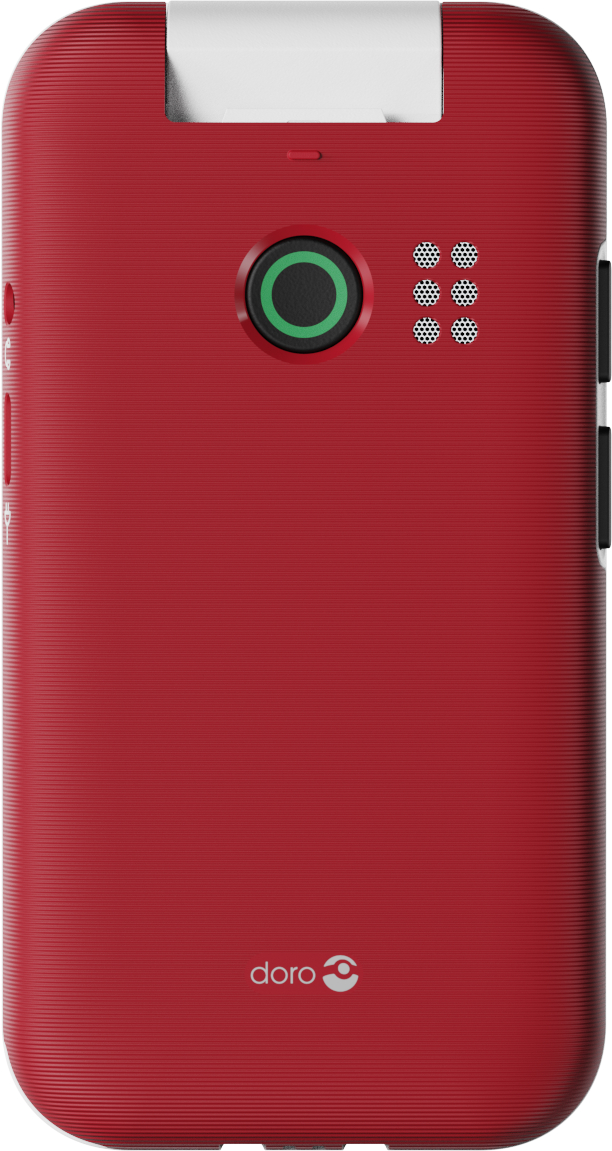 Rotes Klapphandy mit grün umrandeter Taste, Lautsprecherlöchern und dem Doro-Logo.