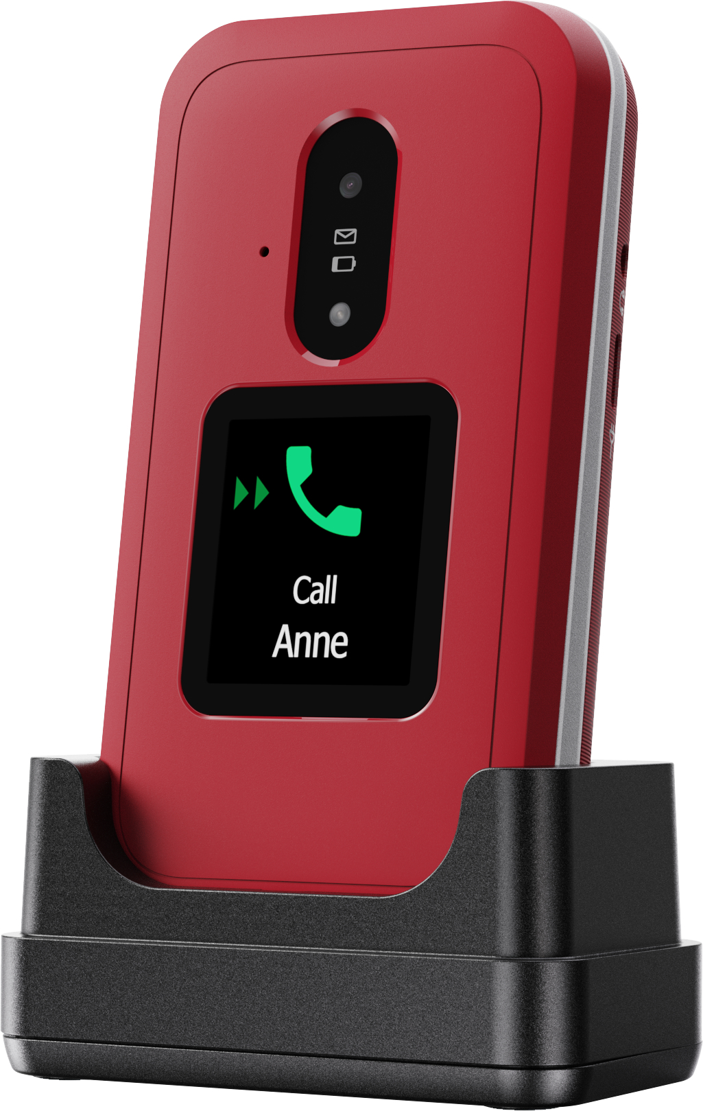 Rotes Klapphandy in einer schwarzen Ladestation. Der Bildschirm zeigt 'Call Anne'. Das Telefon hat eine Kamera und Kontrollleuchten.