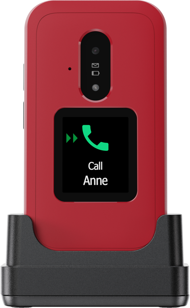 Rotes Telefon auf schwarzer Basis. Der Bildschirm zeigt 'Call Anne'. Zu den Funktionen gehören Kamera- und Nachrichtensymbole.