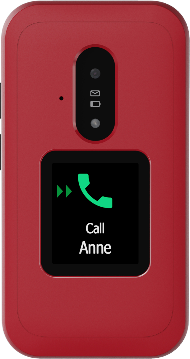 Rotes Klapphandy mit Bildschirm, auf dem 'Call Anne' steht. Zu den Merkmalen gehören Kamera, Benachrichtigungssymbole und grünes Telefonsymbol.