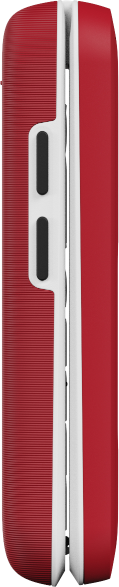 Nahaufnahme eines rot-weißen Geräts, möglicherweise ein Telefon. Schwarze Knöpfe befinden sich auf der weißen Seite. Das Gerät ist vertikal.