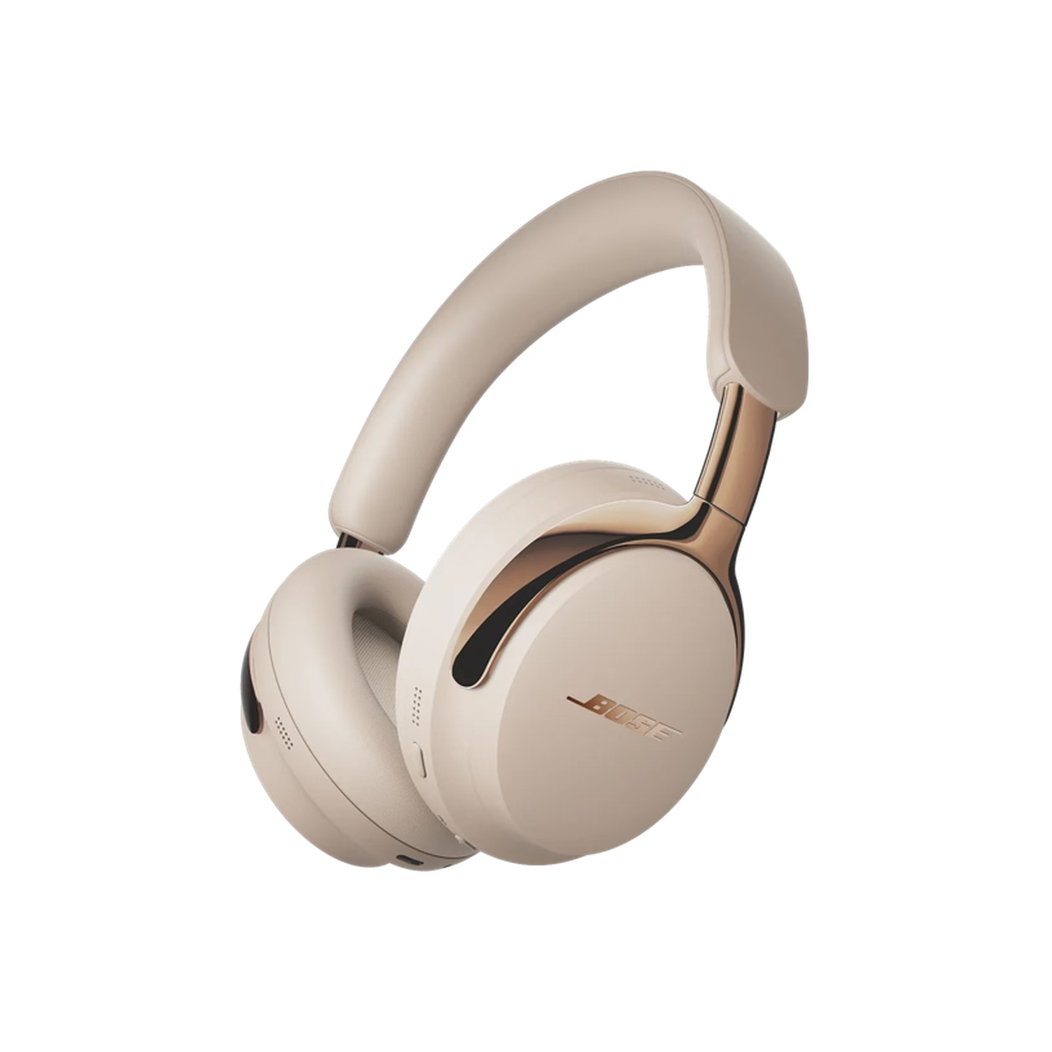 Beige Bose headphones with rose gold accents against a black background. The Bose logo is visible on the ear cup.