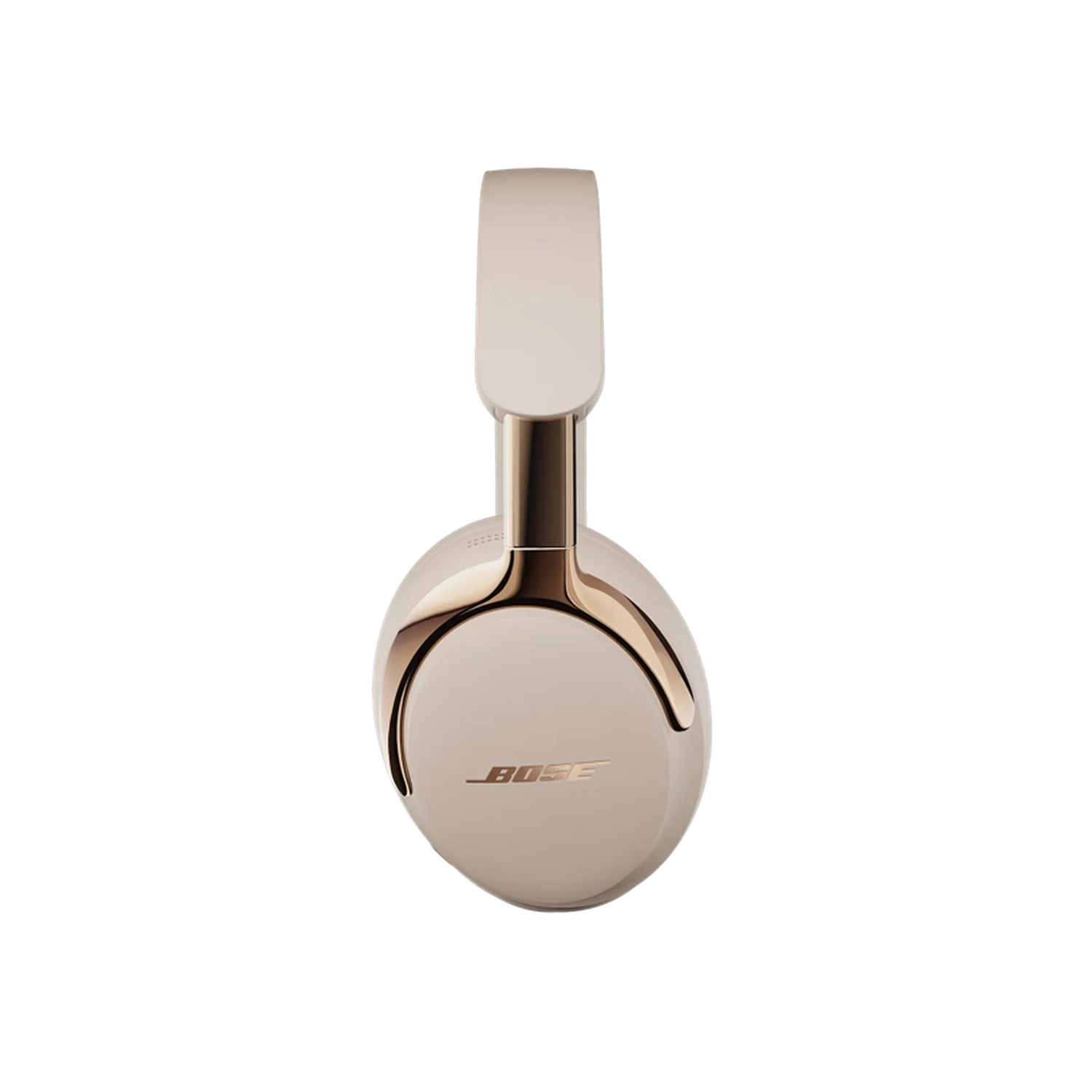 Cream-colored Bose headphones with gold accents on a black background. The brand name is visible.