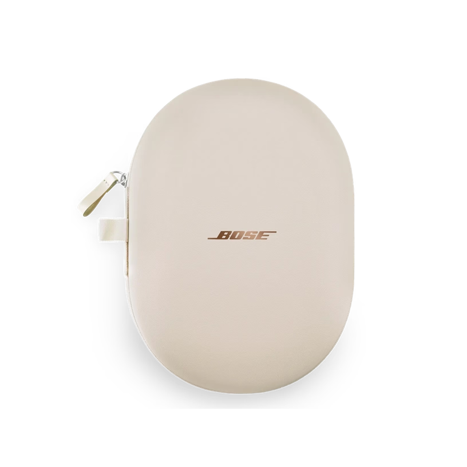 Cream-colored Bose headphone case on black background. Case is oval, has a zipper, and the Bose logo is visible.
