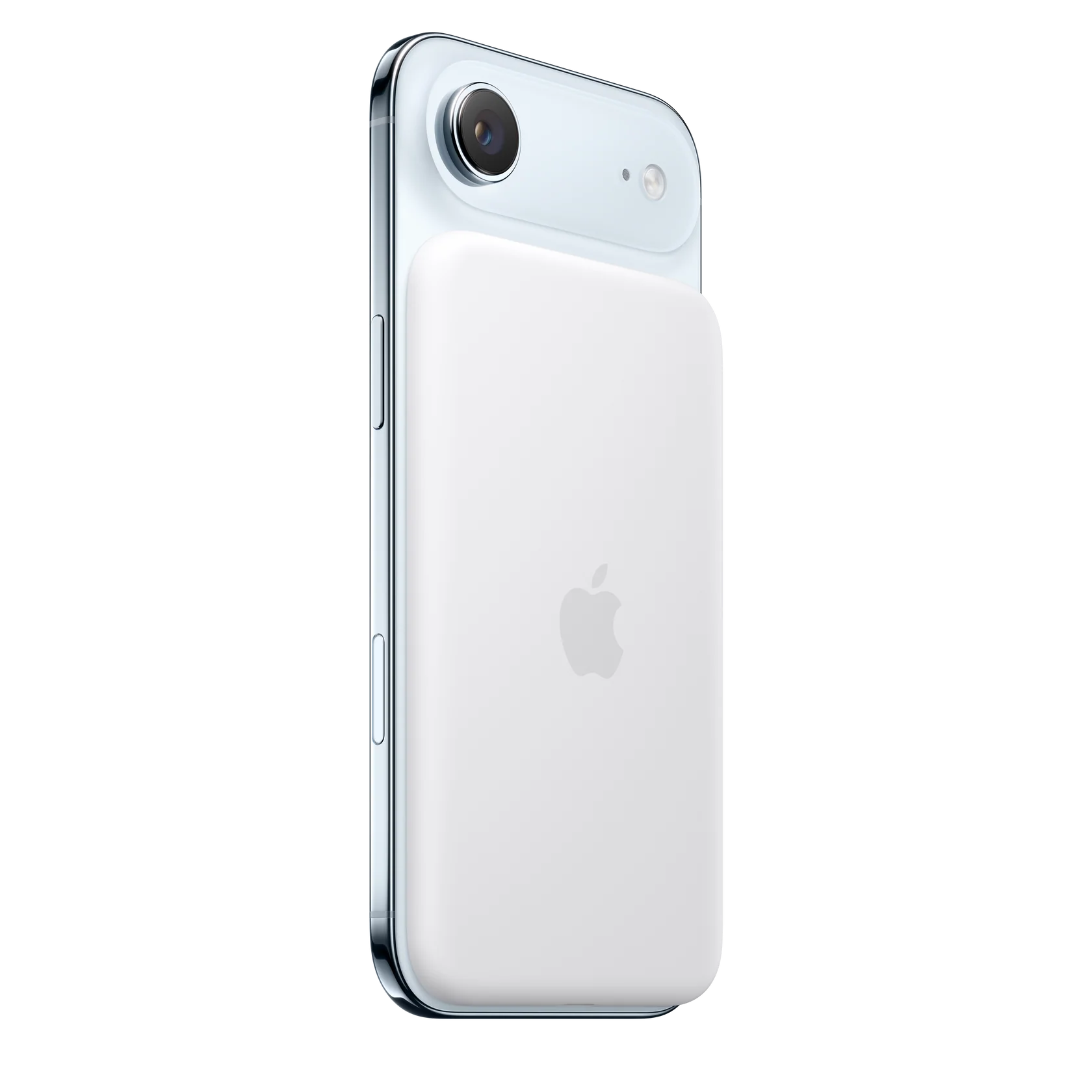 Egy iPhone fehér MagSafe akkumulátorral. Fekete háttérrel. Látható az Apple logó.