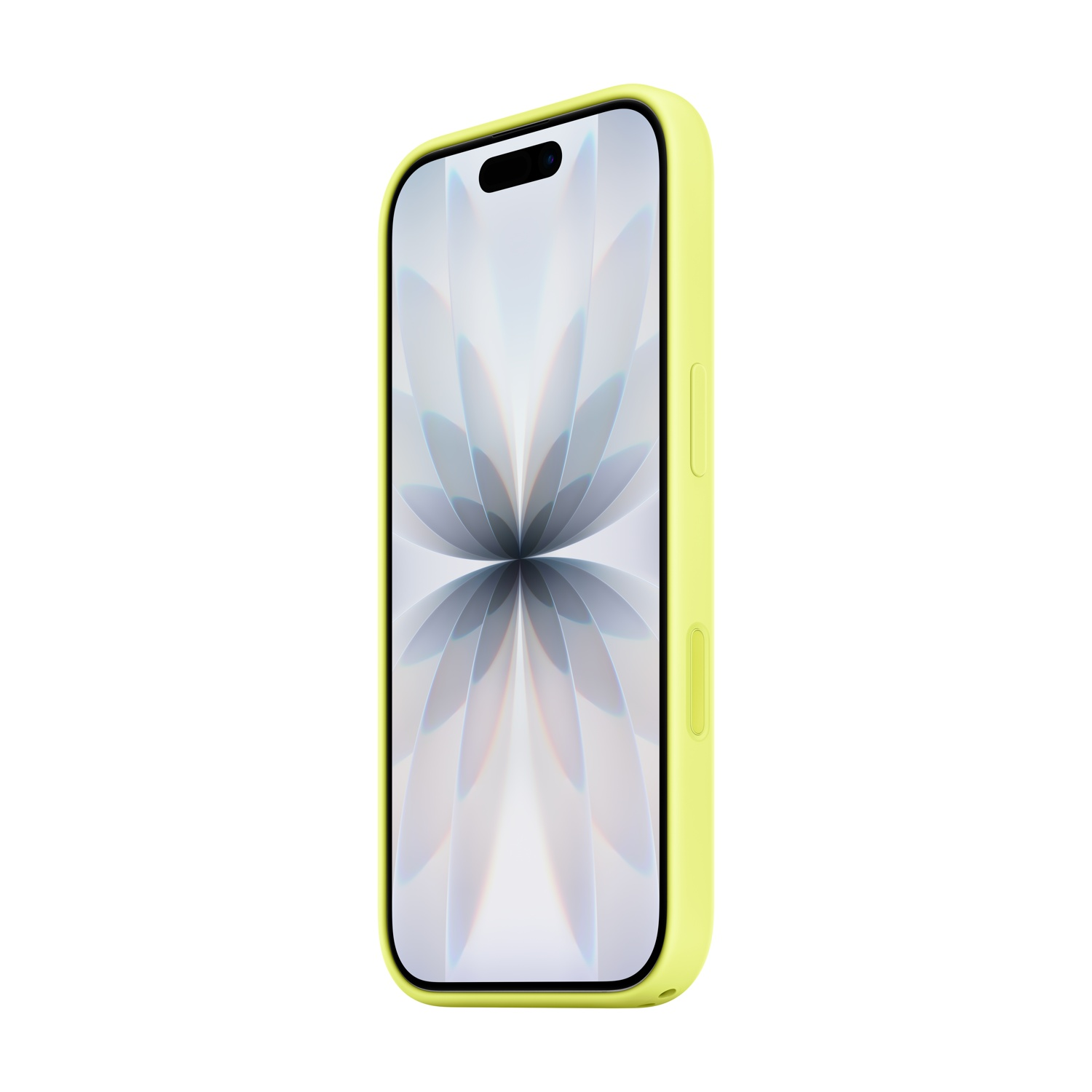 Un iPhone giallo in una custodia è inclinato a sinistra. Lo schermo mostra un design floreale bianco e grigio, e lo sfondo è bianco.
