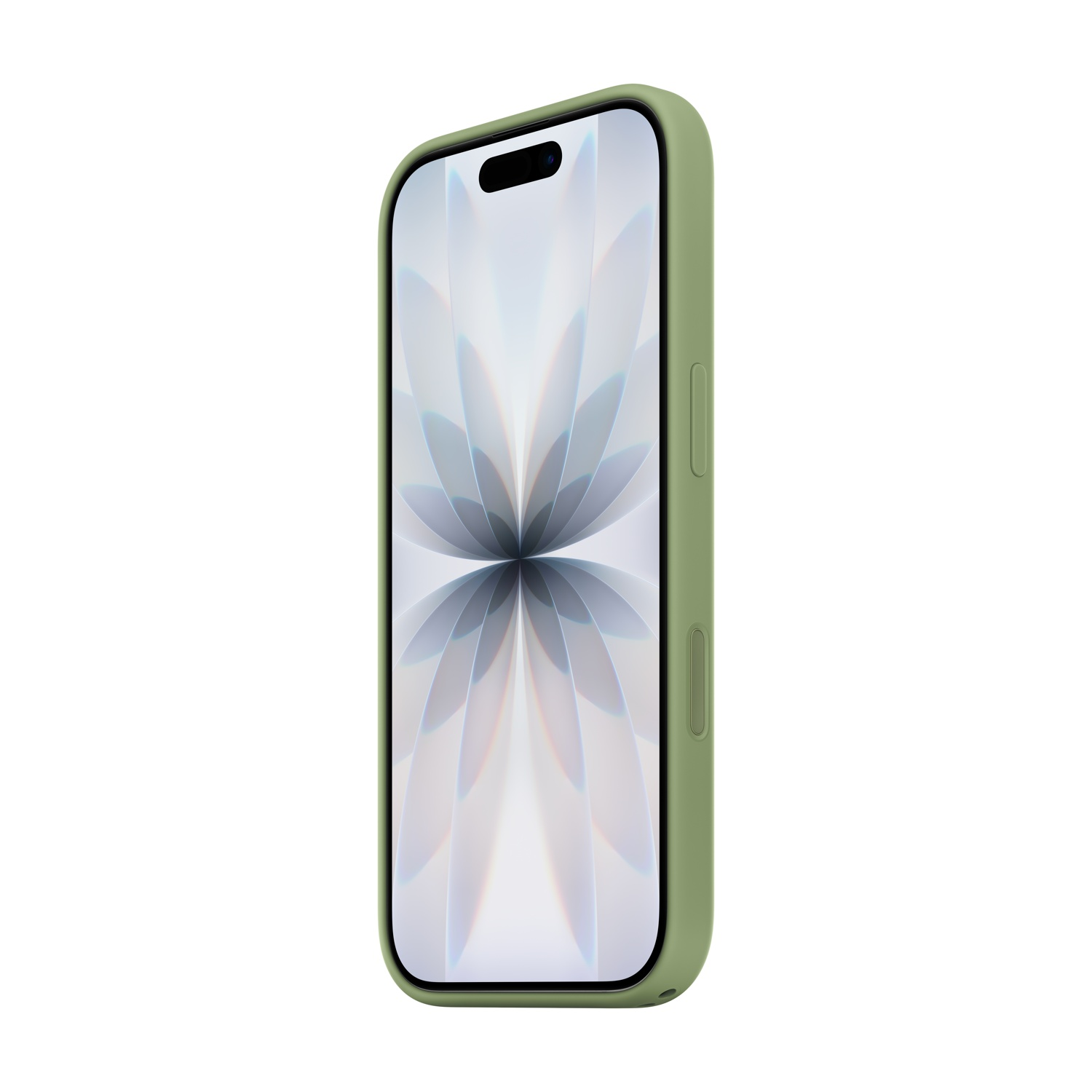 Un iPhone verde in una custodia, con sfondo bianco. Lo schermo mostra un disegno floreale. Il telefono è inclinato verso destra.