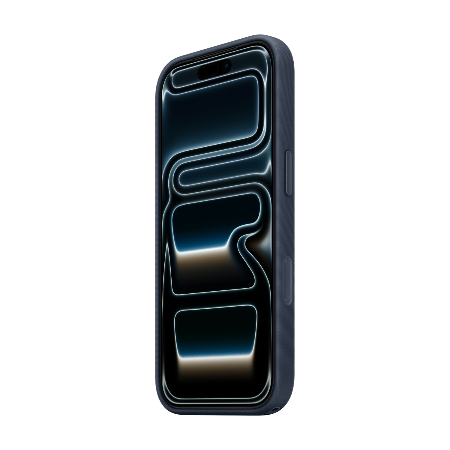 Uno smartphone blu scuro in una custodia, leggermente inclinato verso destra. Lo schermo è scuro con linee luminose. Sfondo bianco.