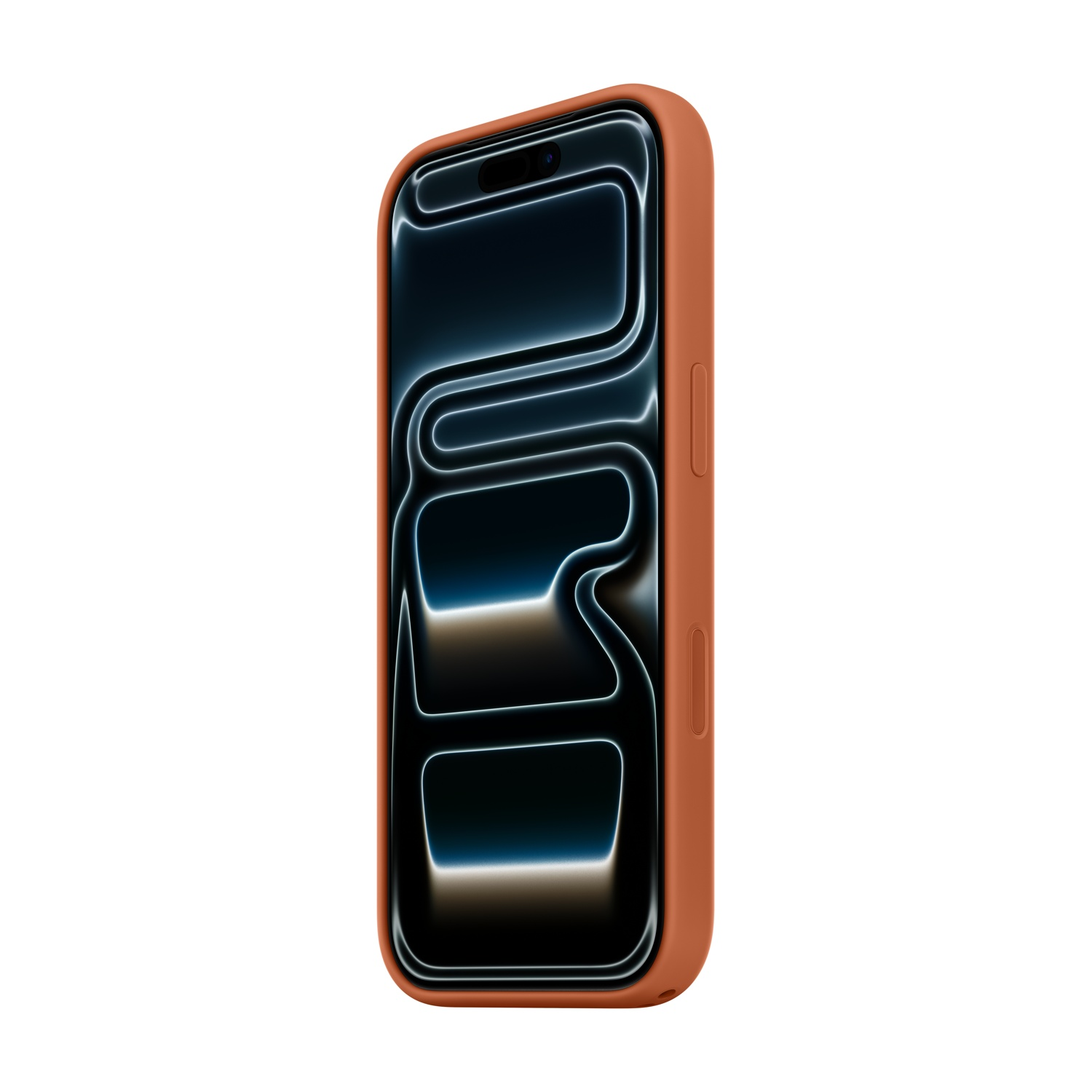 Uno smartphone in una custodia arancione, leggermente angolato. Lo schermo mostra linee blu e bianche su sfondo nero.