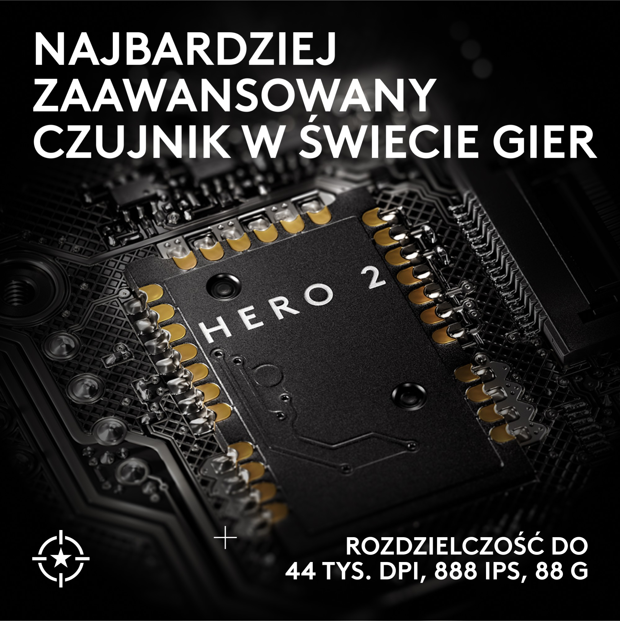 Zbliżenie płytki drukowanej ze słowami HERO 2. Tekst po polsku: 'Najbardziej zaawansowany czujnik w świecie gier'.