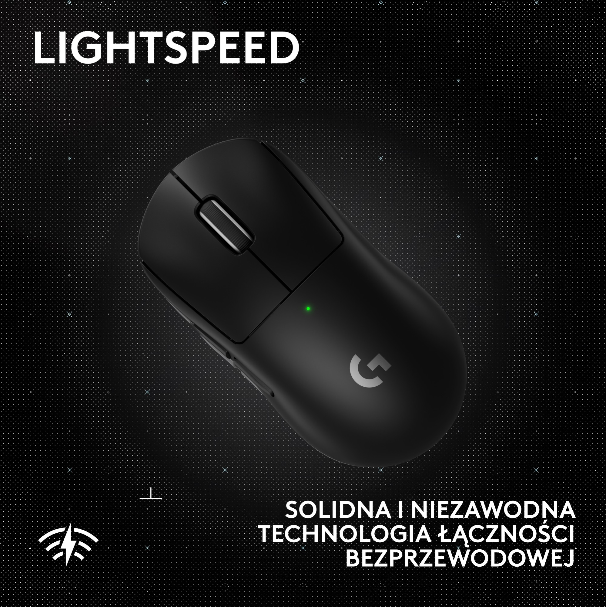 Czarna bezprzewodowa mysz komputerowa ze słowem LIGHTSPEED powyżej. Biały tekst poniżej mówi SOLIDNA I NIEZAWODNA.