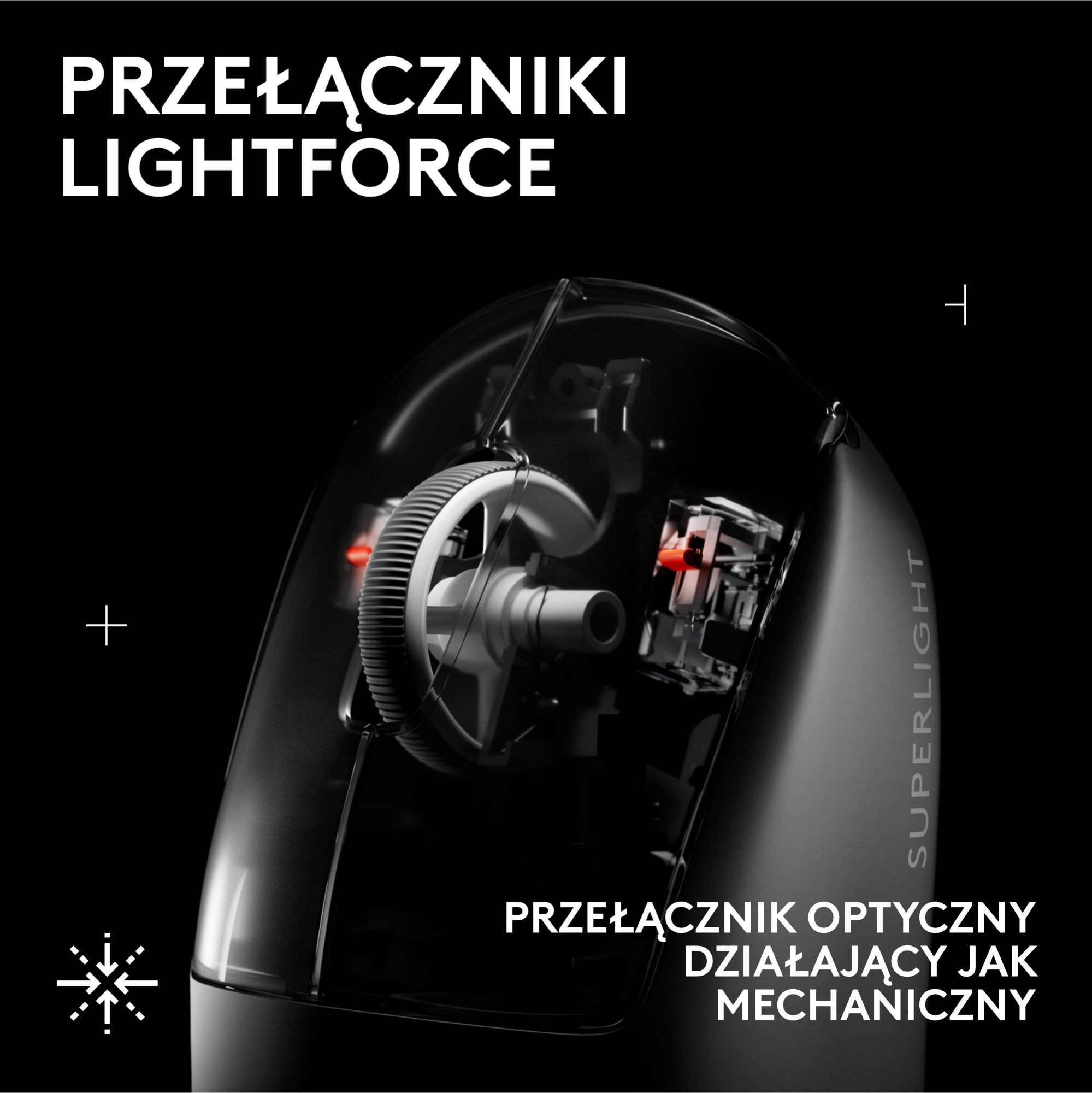 Czarne tło z myszą. Tekst brzmi: 'PRZEŁĄCZNIKI LIGHTFORCE' oraz 'PRZEŁĄCZNIK OPTYCZNY działający jak mechaniczny'.