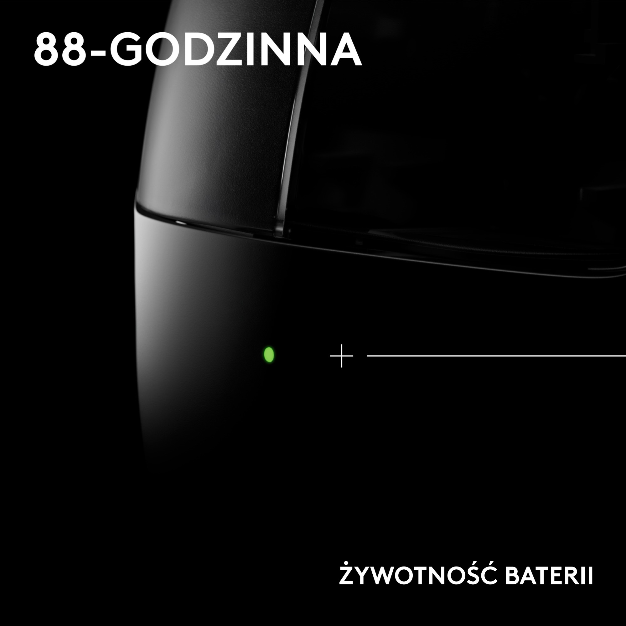 Obraz przedstawia czarne urządzenie z tekstem: 88-GODZINNA i ŻYWOTNOŚĆ BATERII. Widoczne jest zielone światło i symbol plusa.