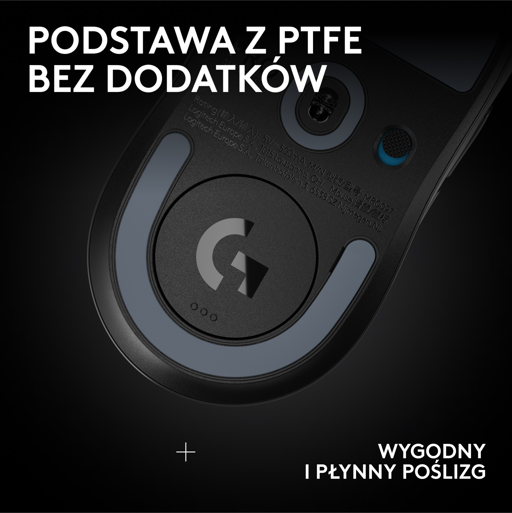 Zbliżenie czarnej podstawy myszy z szarym akcentem, logo Logitech i polskim tekstem. Gładki poślizg.