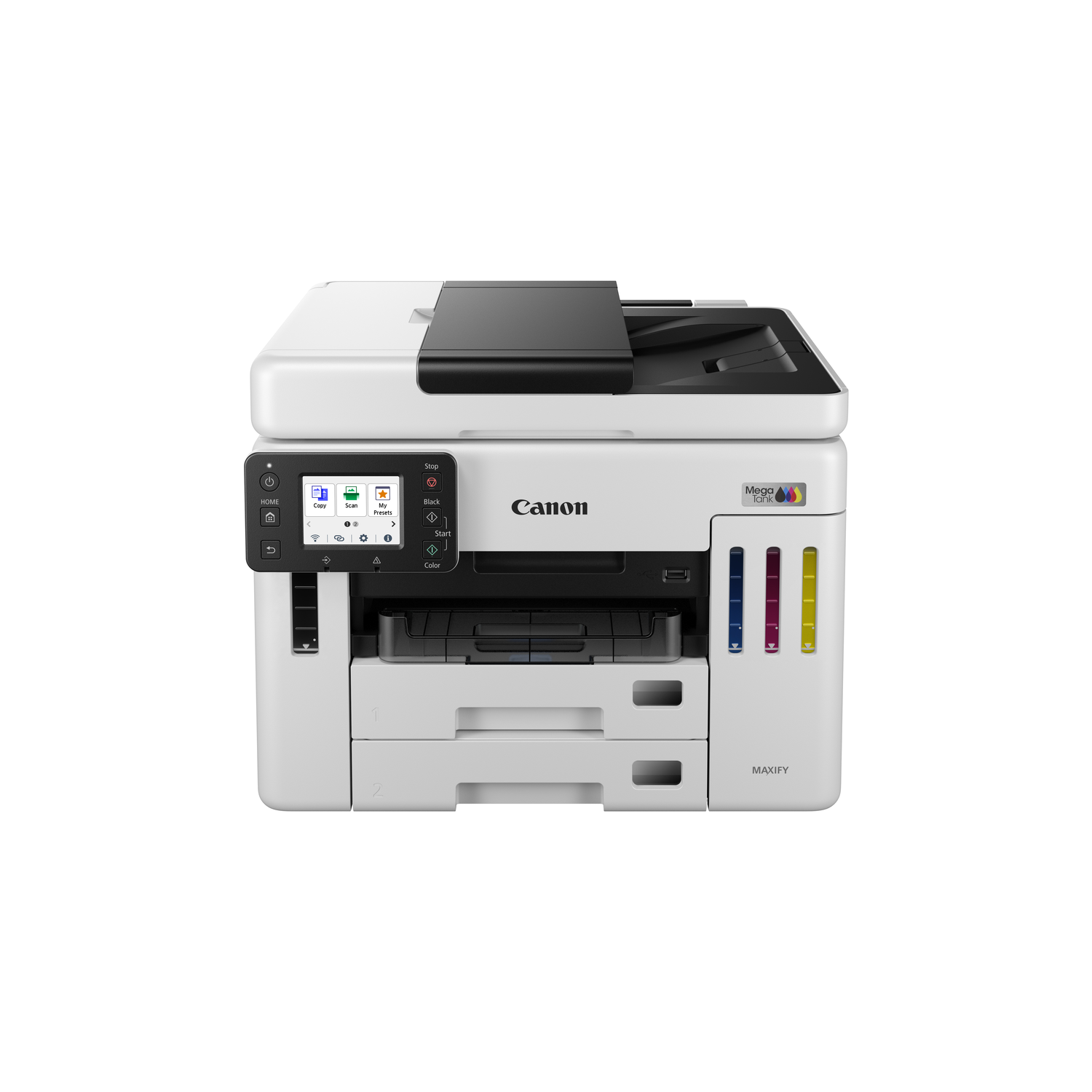 A white Canon MAXIFY printer is on a white background. It has a control panel, input trays, and ink tanks on the side.