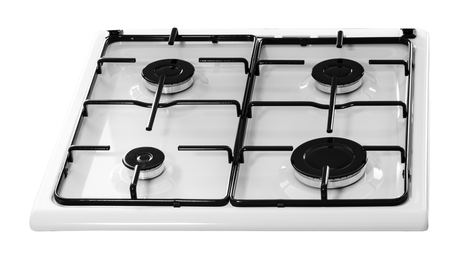 Una cocina de gas blanca con cuatro quemadores y rejillas negras. El fondo es gris.