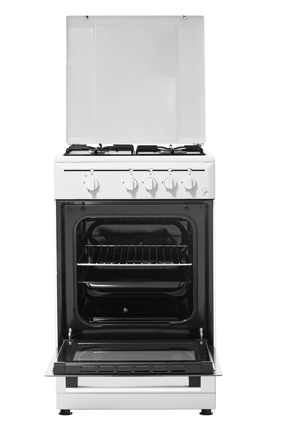 Una cocina de gas blanca con la puerta del horno y la tapa superior abiertas. Se ven perillas. El interior del horno tiene una rejilla y una bandeja.