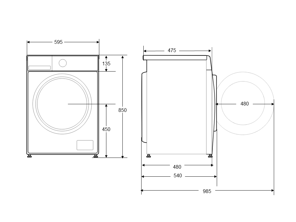 Diagramm einer Waschmaschine mit Maßangaben. Vorder- und Seitenansichten zeigen Maße: Breite, Höhe und Tiefe.