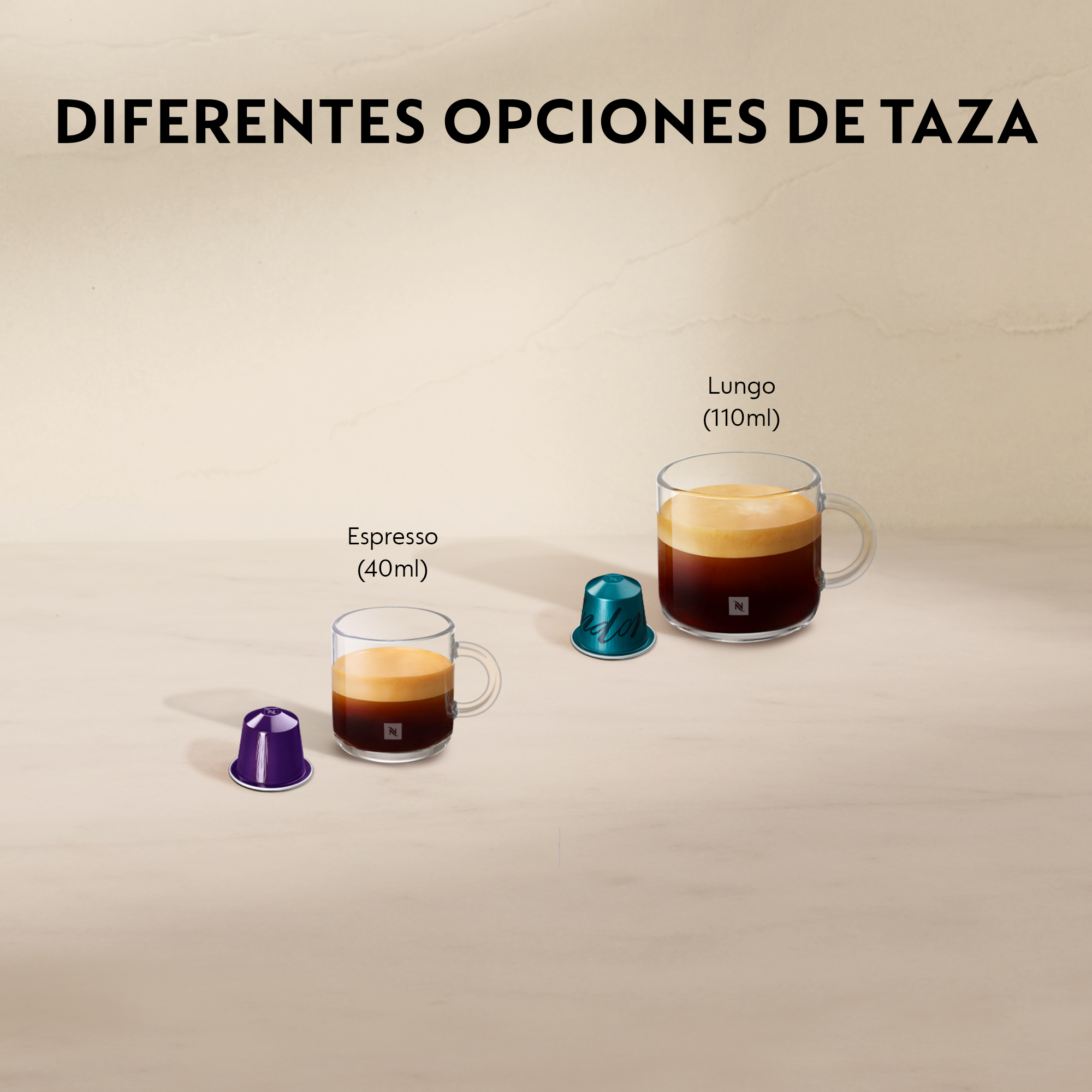 La imagen muestra opciones de café espresso y lungo con cápsulas. Se ven tazas transparentes y cápsulas moradas y turquesas.