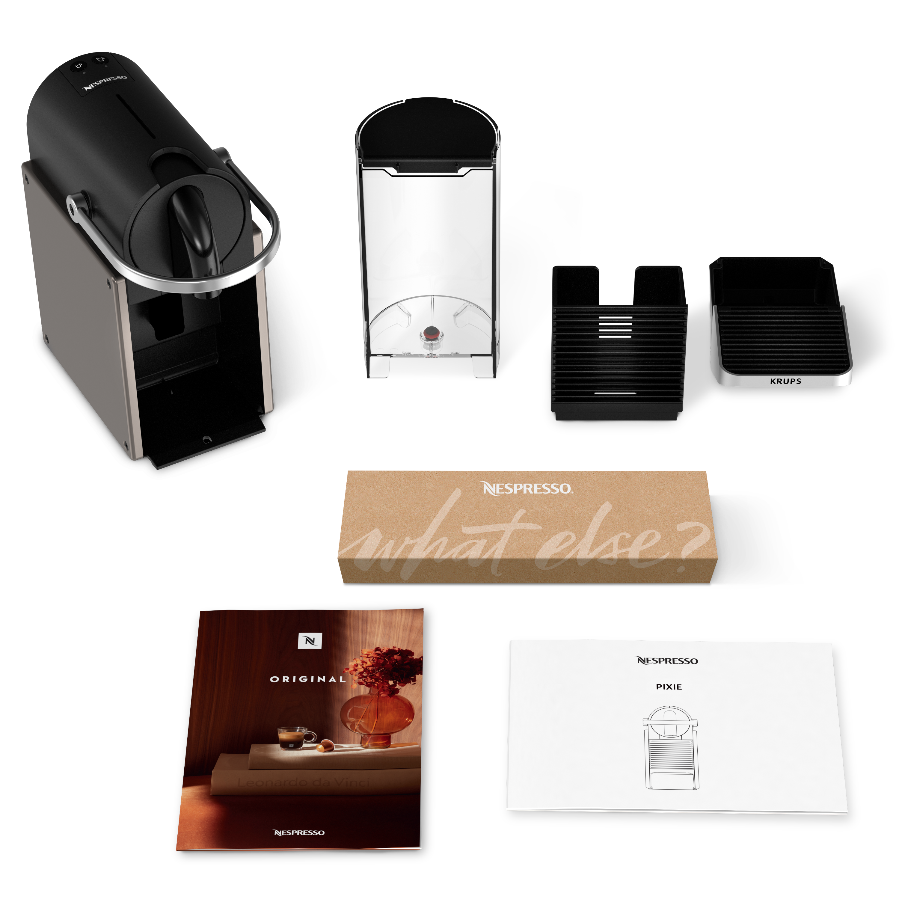 Piezas de la máquina Nespresso, depósito de agua, contenedor de residuos y accesorios sobre fondo negro.