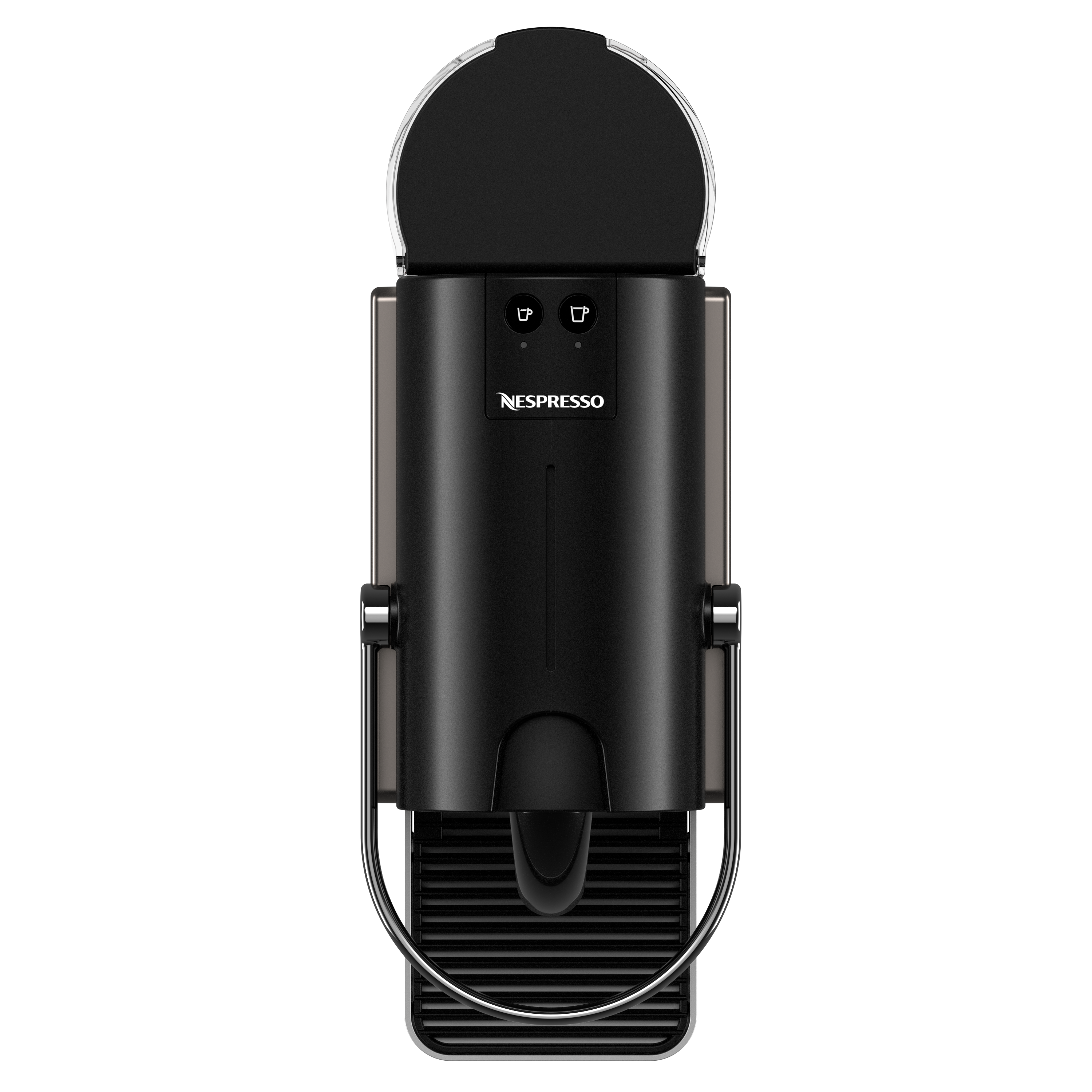 Una cafetera Nespresso negra sobre fondo negro. Tiene una parte superior curva y un asa plateada.