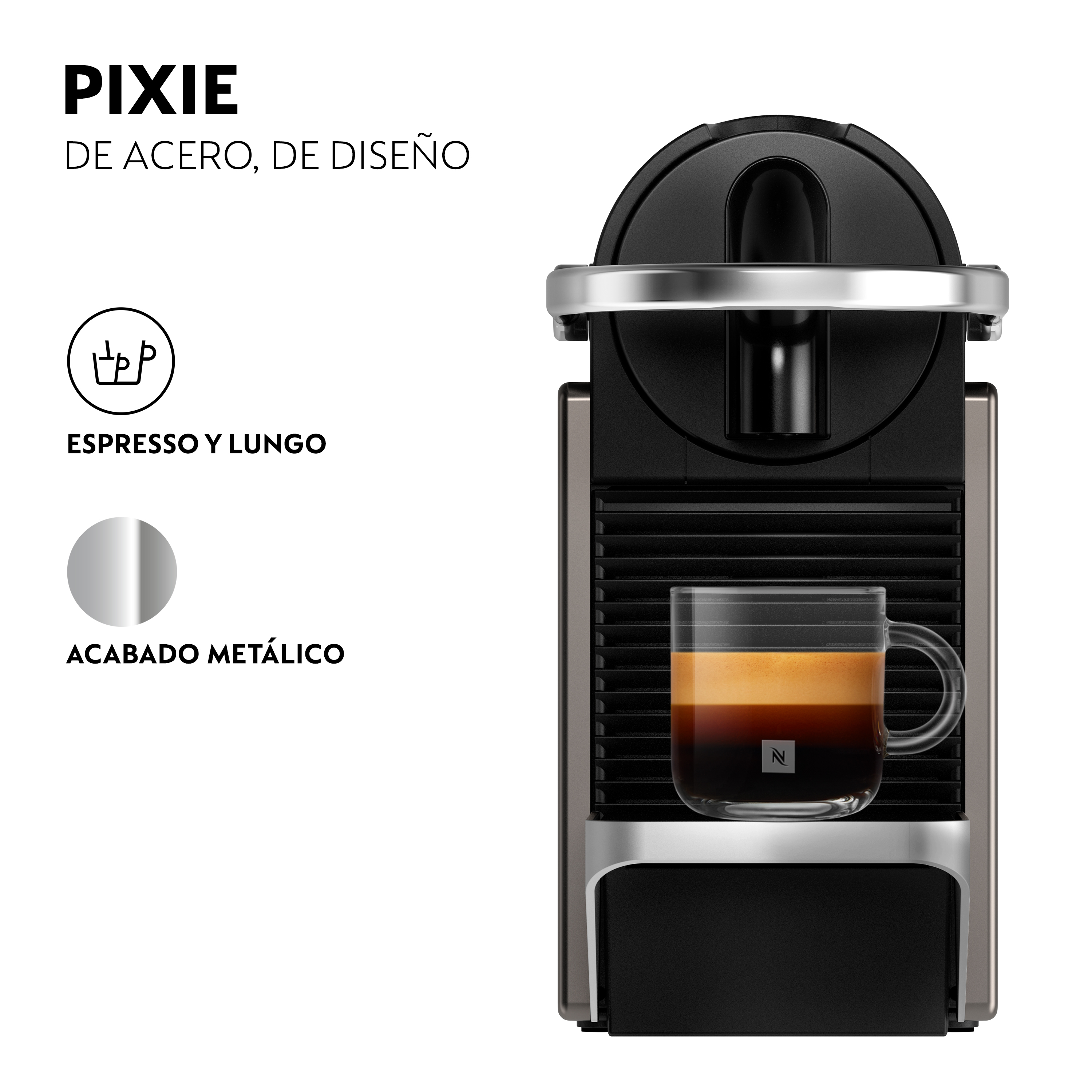 Una cafetera Nespresso Pixie plateada y negra con una taza de café. El texto en la máquina dice: espresso y lungo.