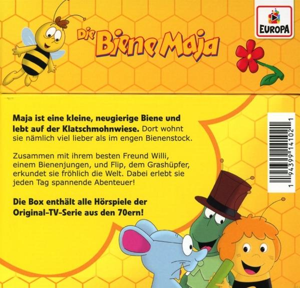 Das Bild zeigt ein Cartoon-Cover von 'Die Biene Maja'. Es zeigt eine Biene und Freunde. Text beschreibt die Serie und den Inhalt der Box.