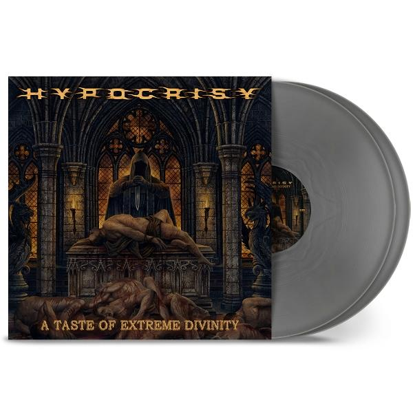 Album borítója: kapucnis figura késsel, testek és egy templomszerű környezet. Vinil a jobb oldalon.