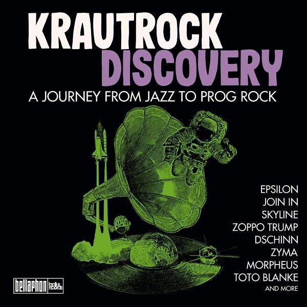 Albumcover: Krautrock Discovery. Grüne Illustration eines Grammophons, eines Astronauten und einer Rakete auf schwarzem Hintergrund.